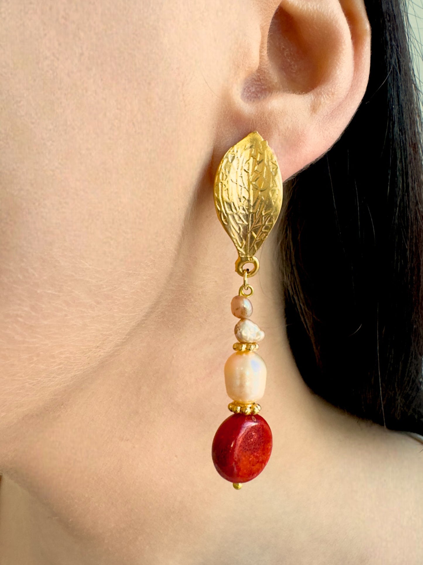 Aurora Coral and Freshwater Pearls Drop Earrings